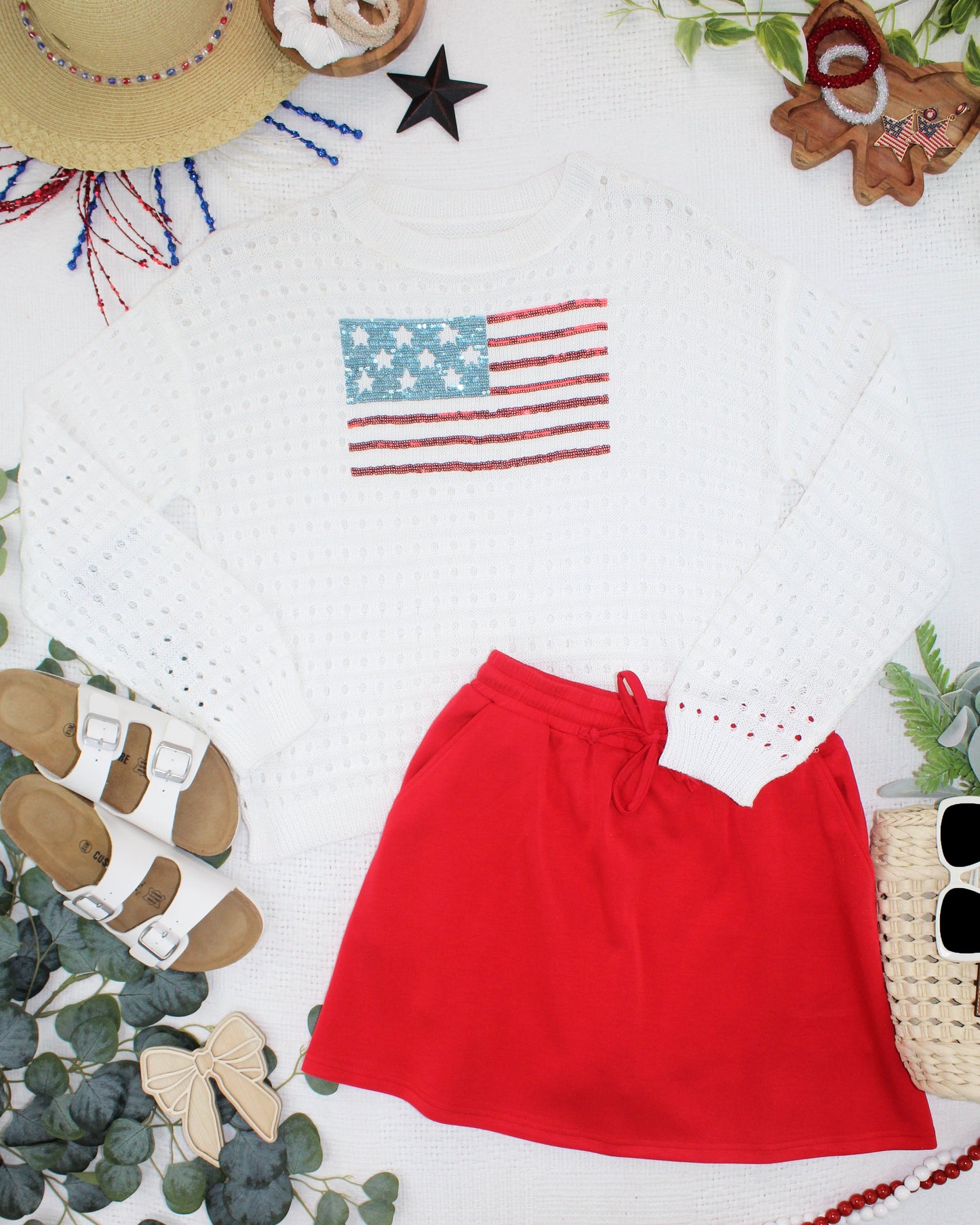 Michelle Mae USA Sequin Flag Open Knit Pullover