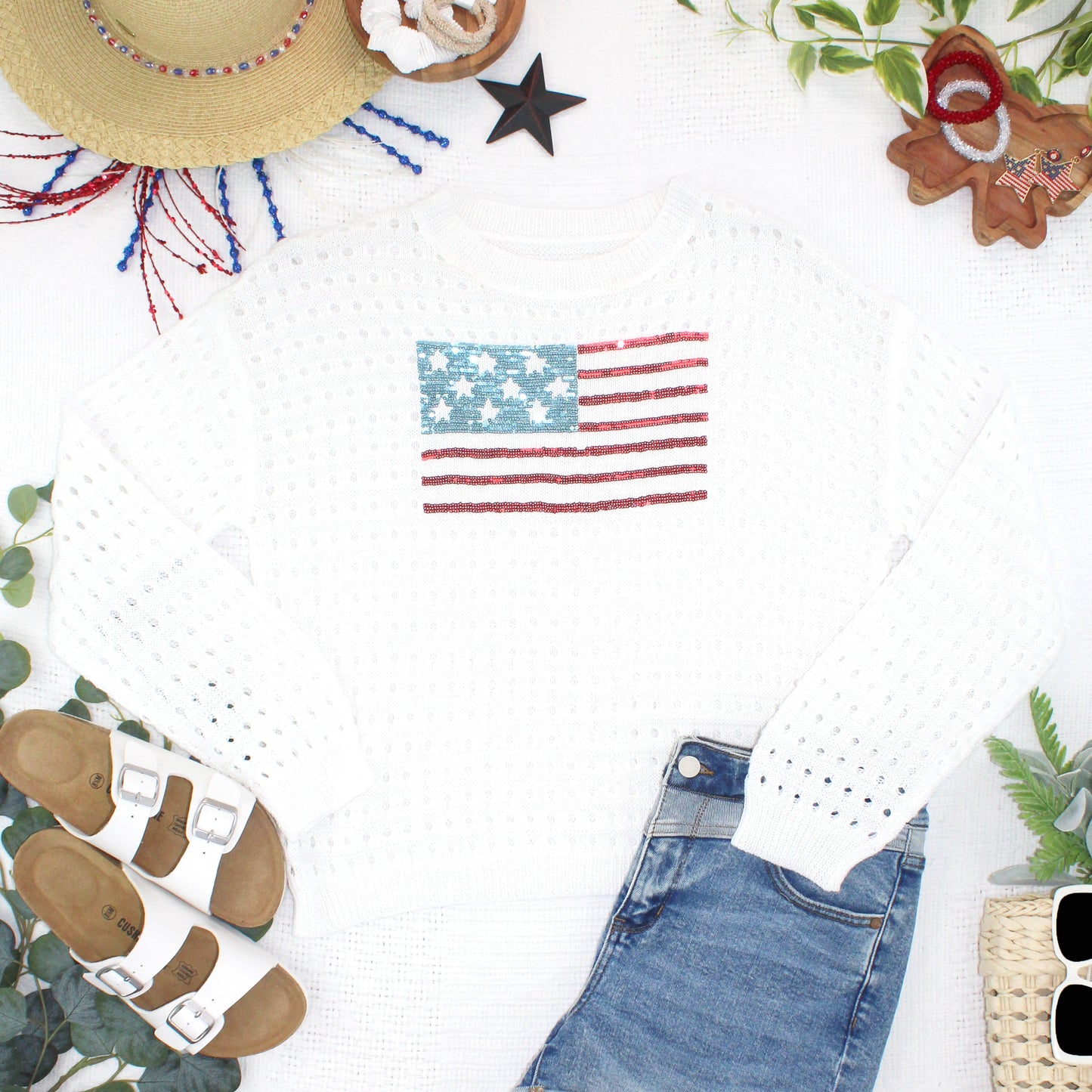 Michelle Mae USA Sequin Flag Open Knit Pullover