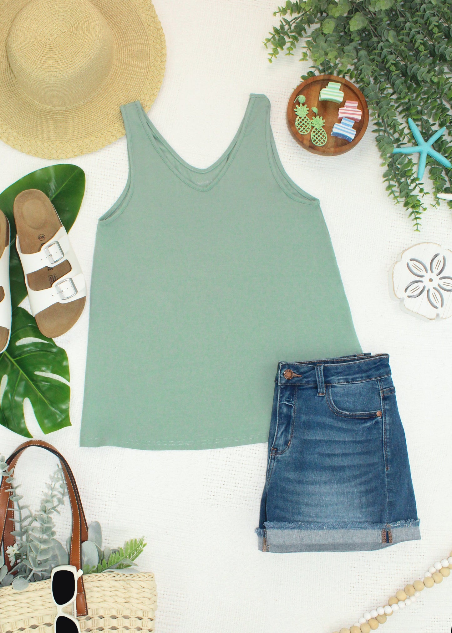 Michelle Mae Vera V Neck Tank - Sage