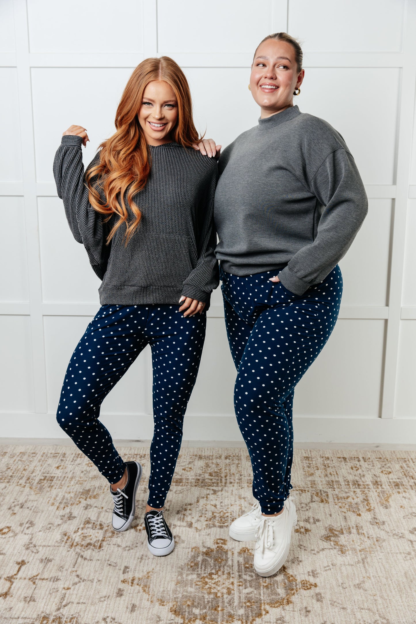 Your New Favorite Joggers in Navy and White Polka Dot
