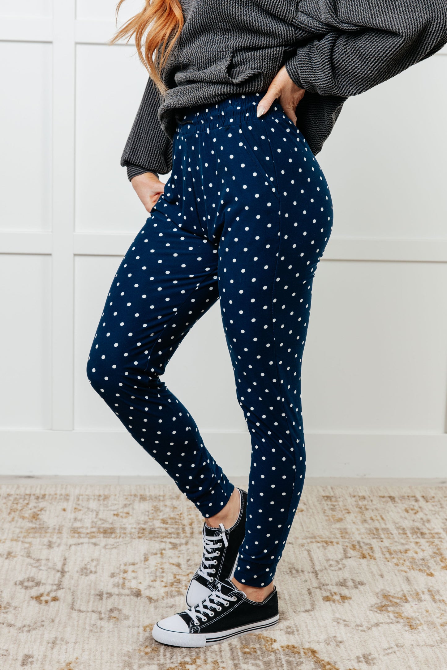 Your New Favorite Joggers in Navy and White Polka Dot