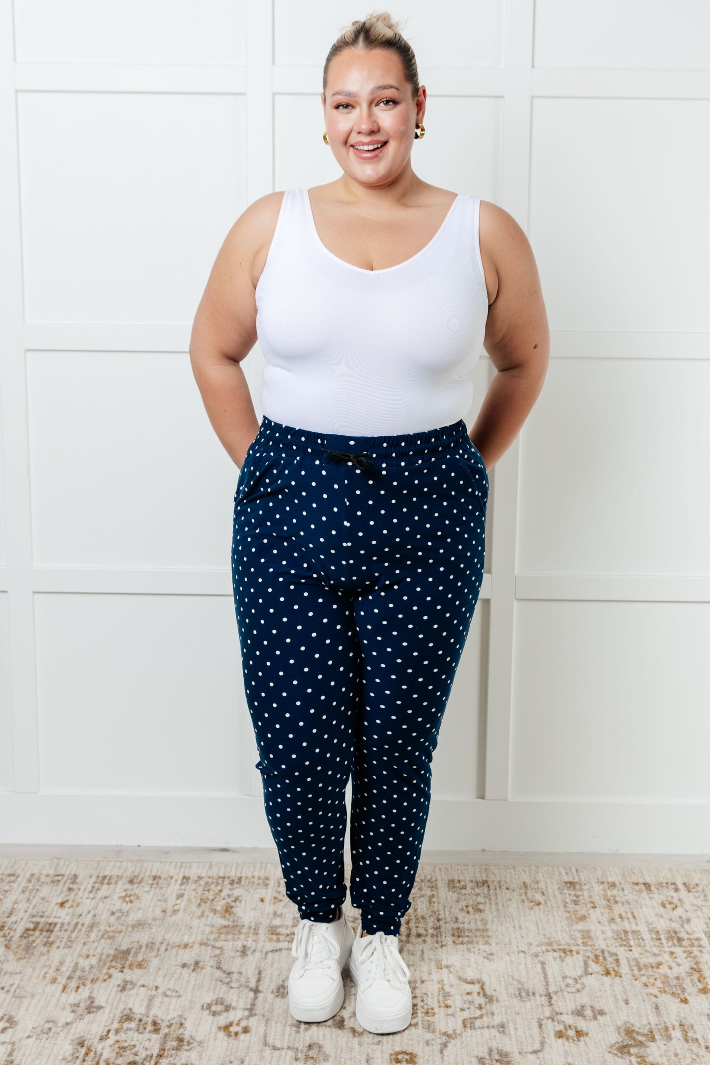 Your New Favorite Joggers in Navy and White Polka Dot