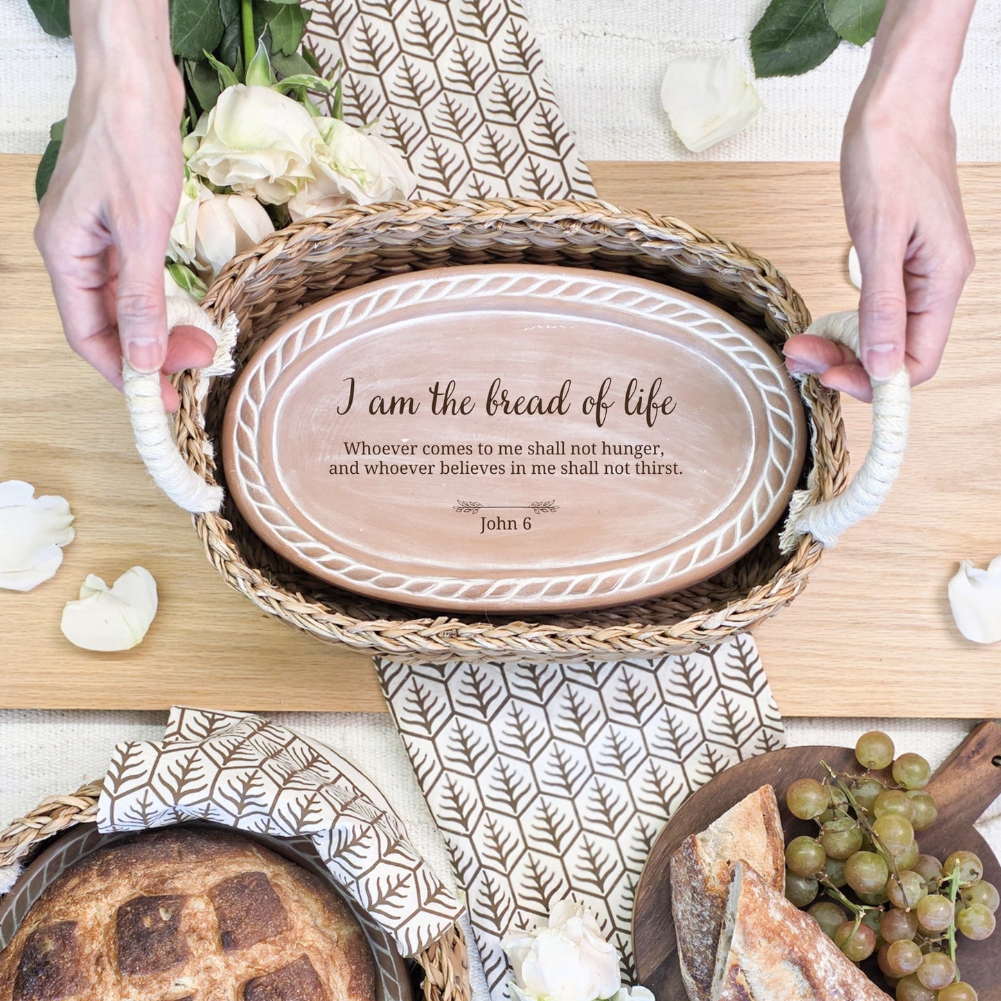 Handmade Bread Warmer & Wicker Basket - Bread of Life Bible Verse - Oval