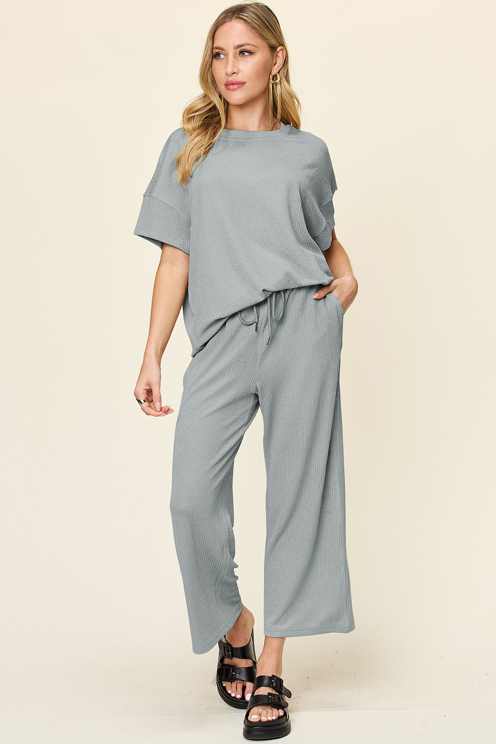 Ribbed Short Sleeve Shirt and Wide Leg Pants Set in in 6 Colors