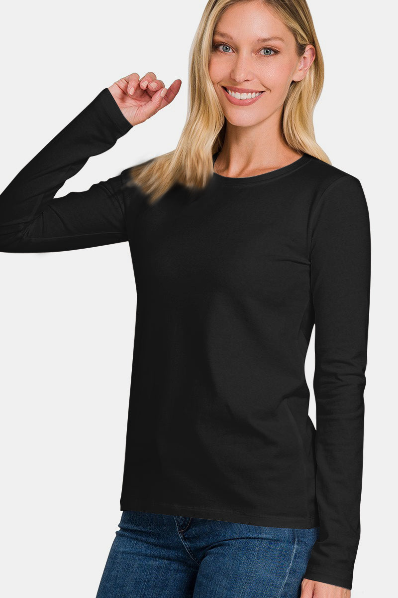 Zenana Full Size Solid Color Round Neck Long Sleeve T-Shirt in Black