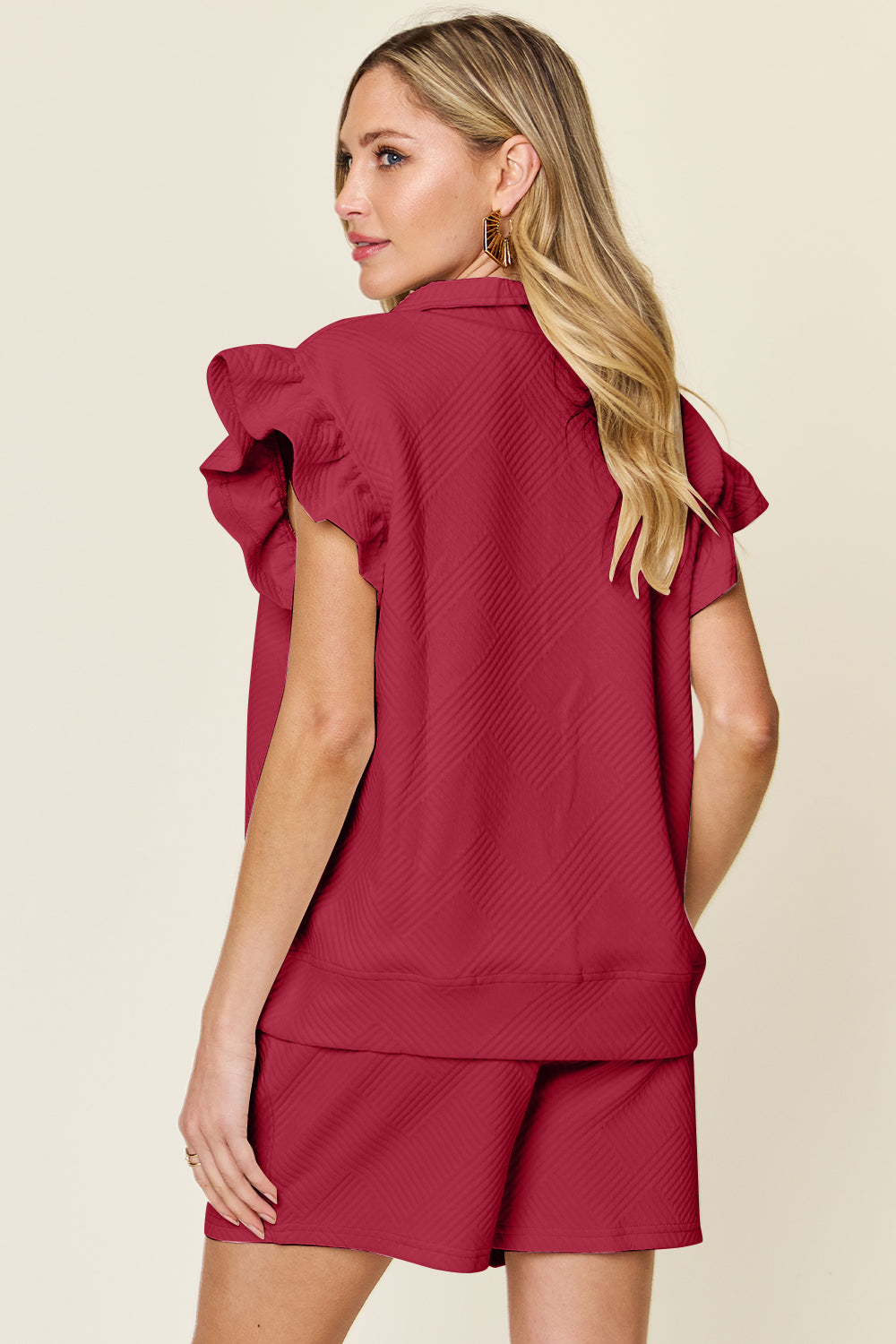 Textured Flounce Ruffle Sleeve Top and Shorts Set in 13 Colors