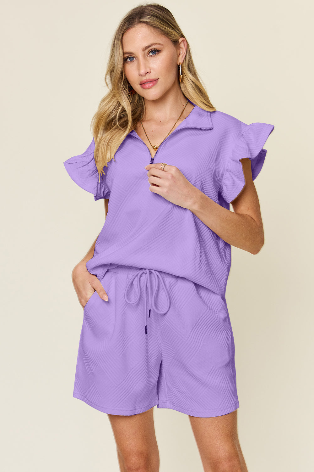 Textured Flounce Ruffle Sleeve Top and Shorts Set in 13 Colors