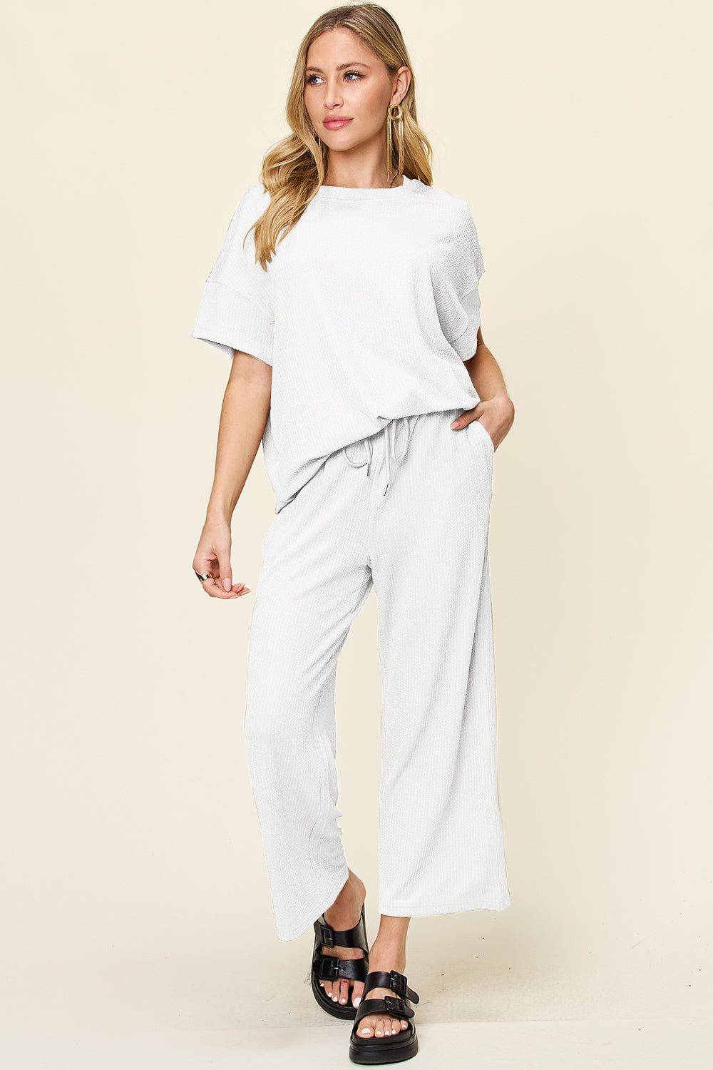 Ribbed Short Sleeve Shirt and Wide Leg Pants Set in in 6 Colors