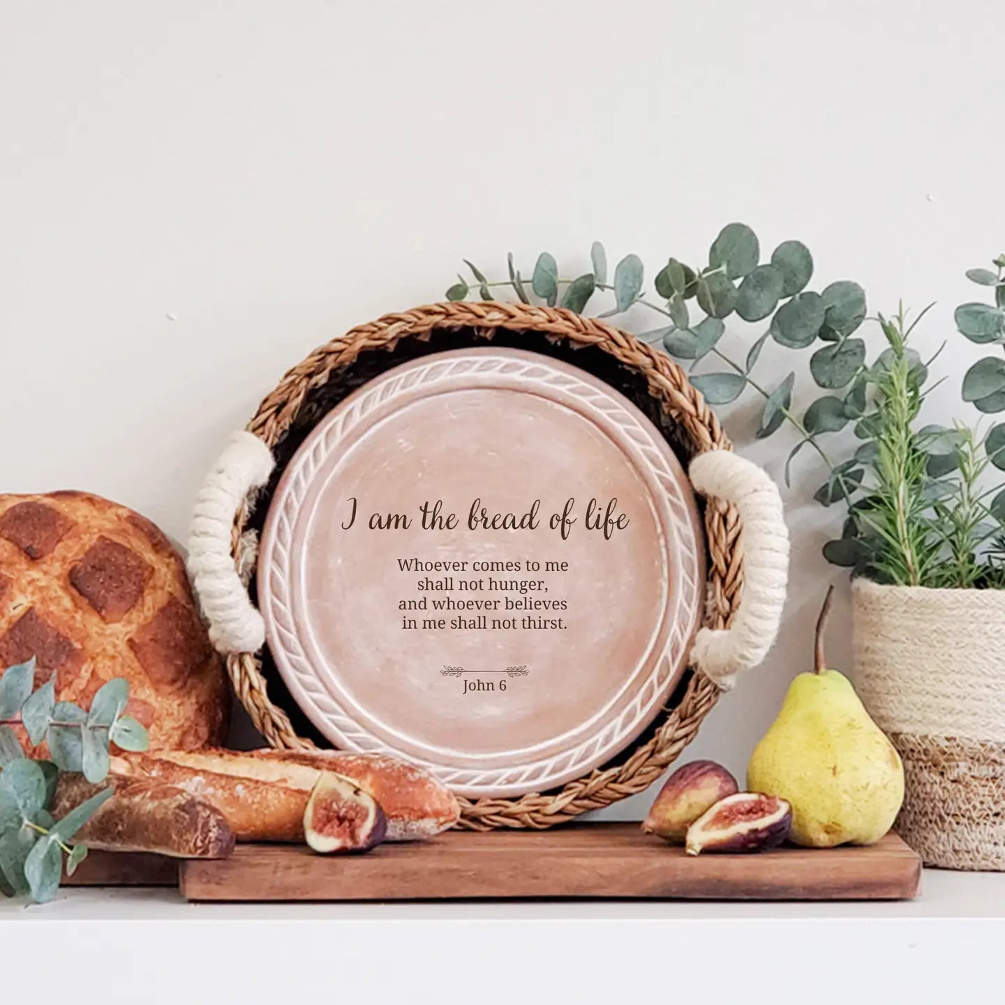 Handmade Bread Warmer & Wicker Basket - Bread of Life Bible Verse - Round
