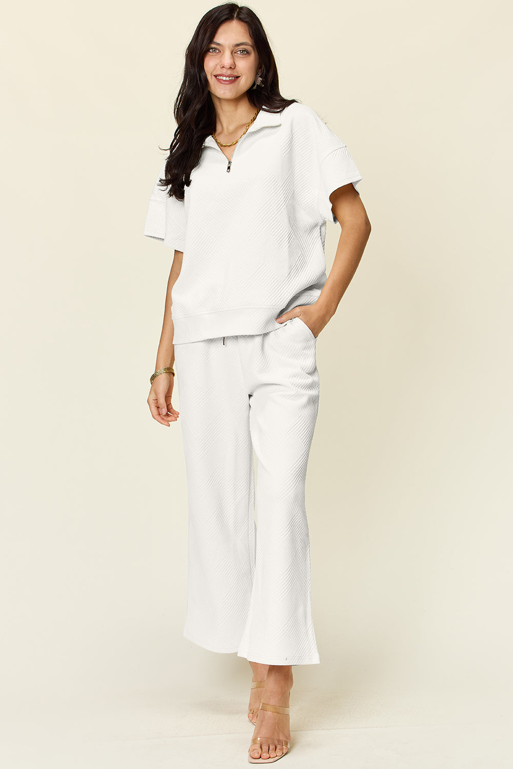 Textured Quarter Zip Short Sleeve Top and Cropped Pants Set in 6 Colors