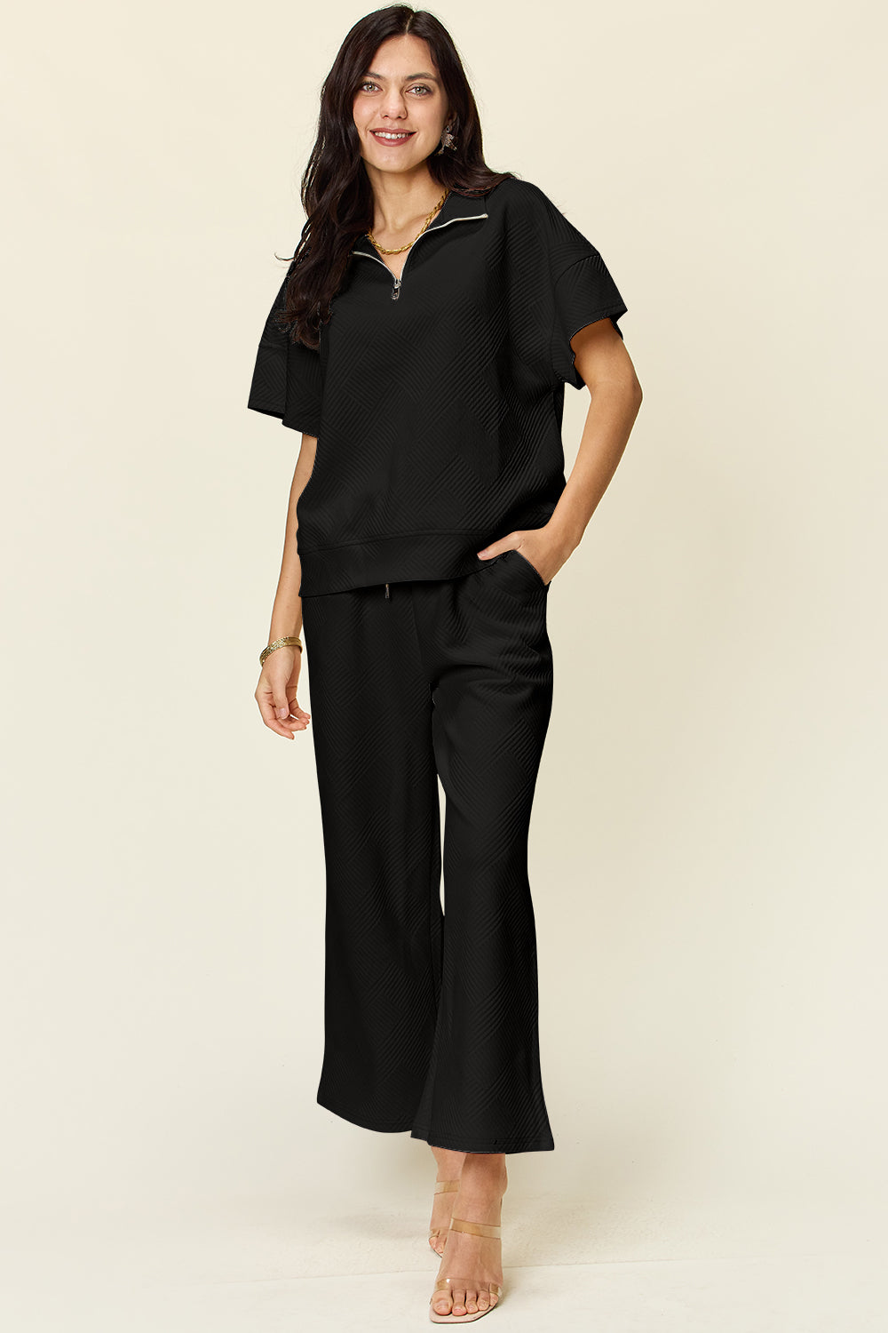 Textured Quarter Zip Short Sleeve Top and Cropped Pants Set in 6 Colors