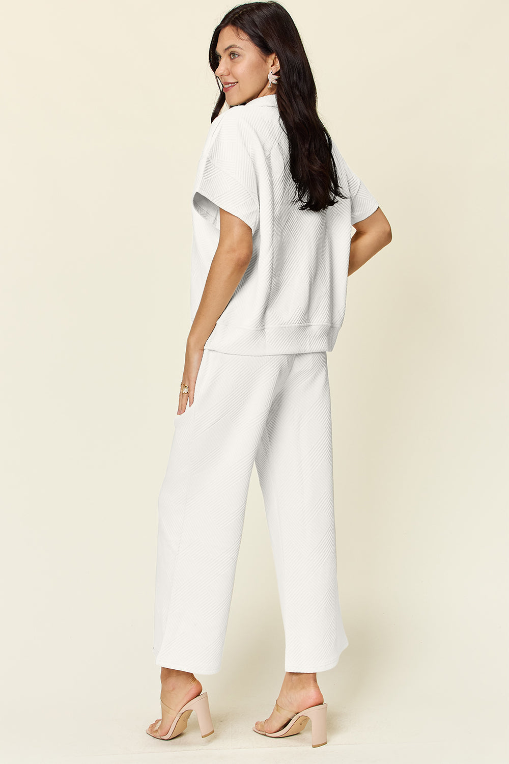 Textured Quarter Zip Short Sleeve Top and Cropped Pants Set in 6 Colors