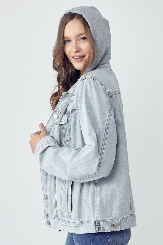 RISEN Distressed Denim Jacket with Removable Hood