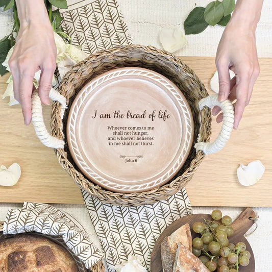 Handmade Bread Warmer & Wicker Basket - Bread of Life Bible Verse - Round