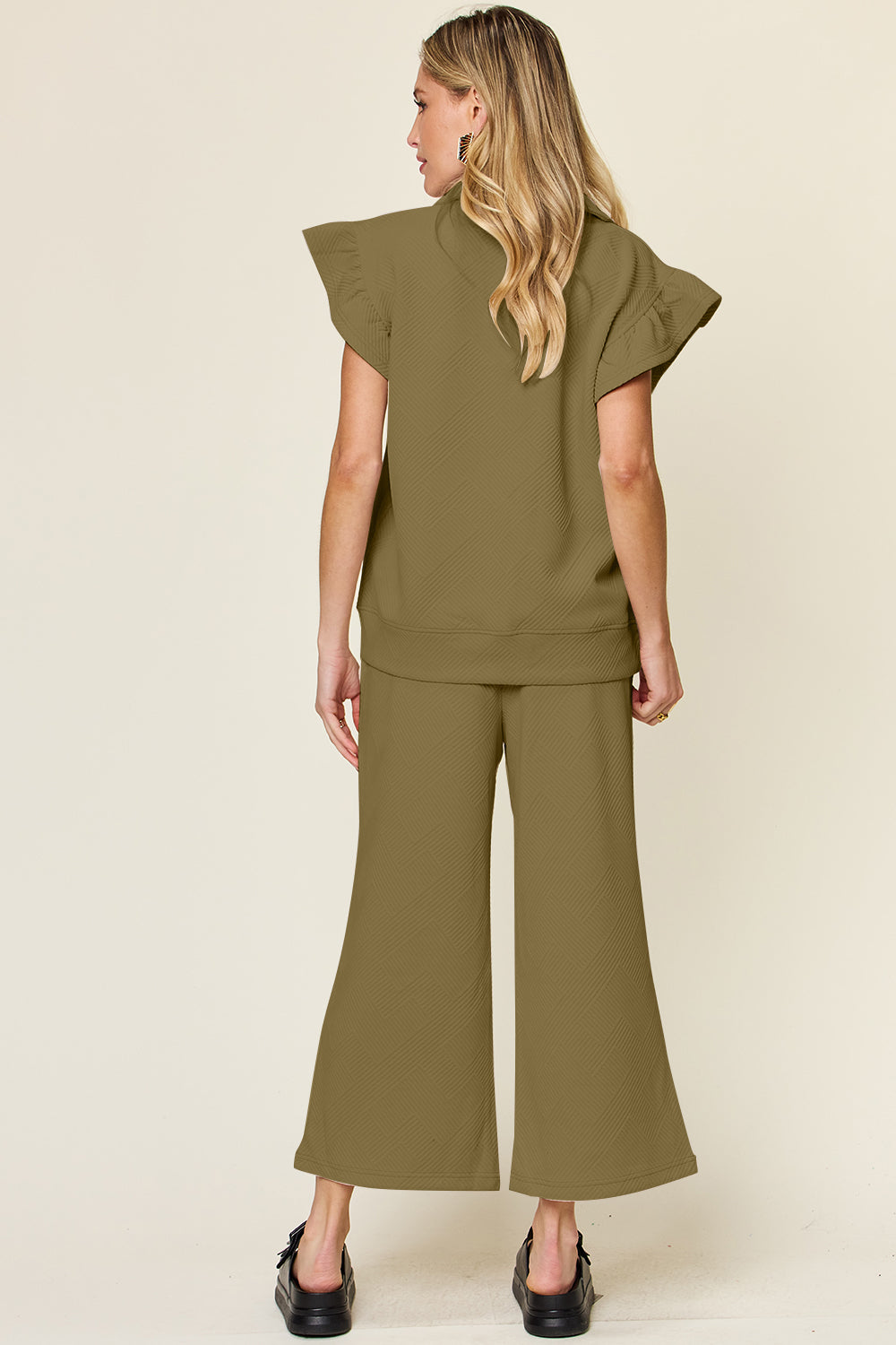 Textured Ruffle Short Sleeve Top and Cropped  Wide Leg Pants Set in 12 Colors