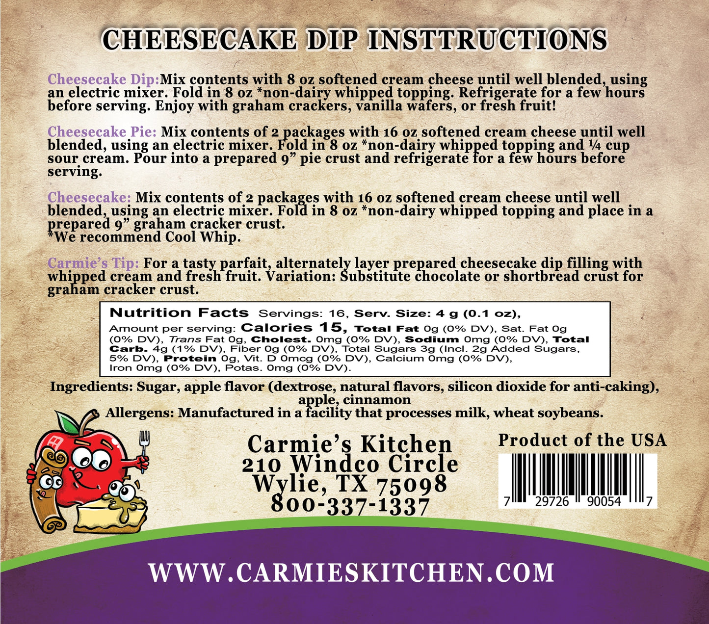 Carmie's Sweet Cheesecake Dip Mix - Apple Cinnamon Swirl