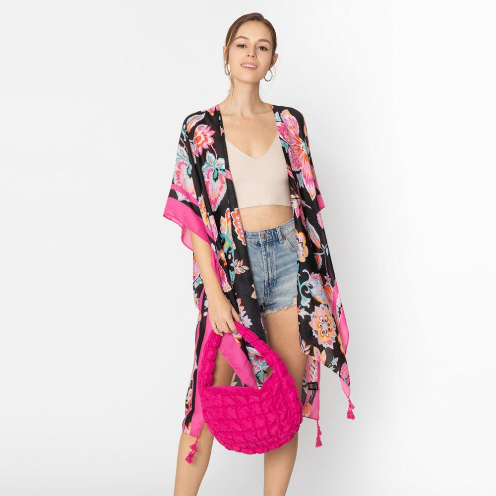 Paisley Flower Print Kimono With Tassel Details in Black and Fuchsia