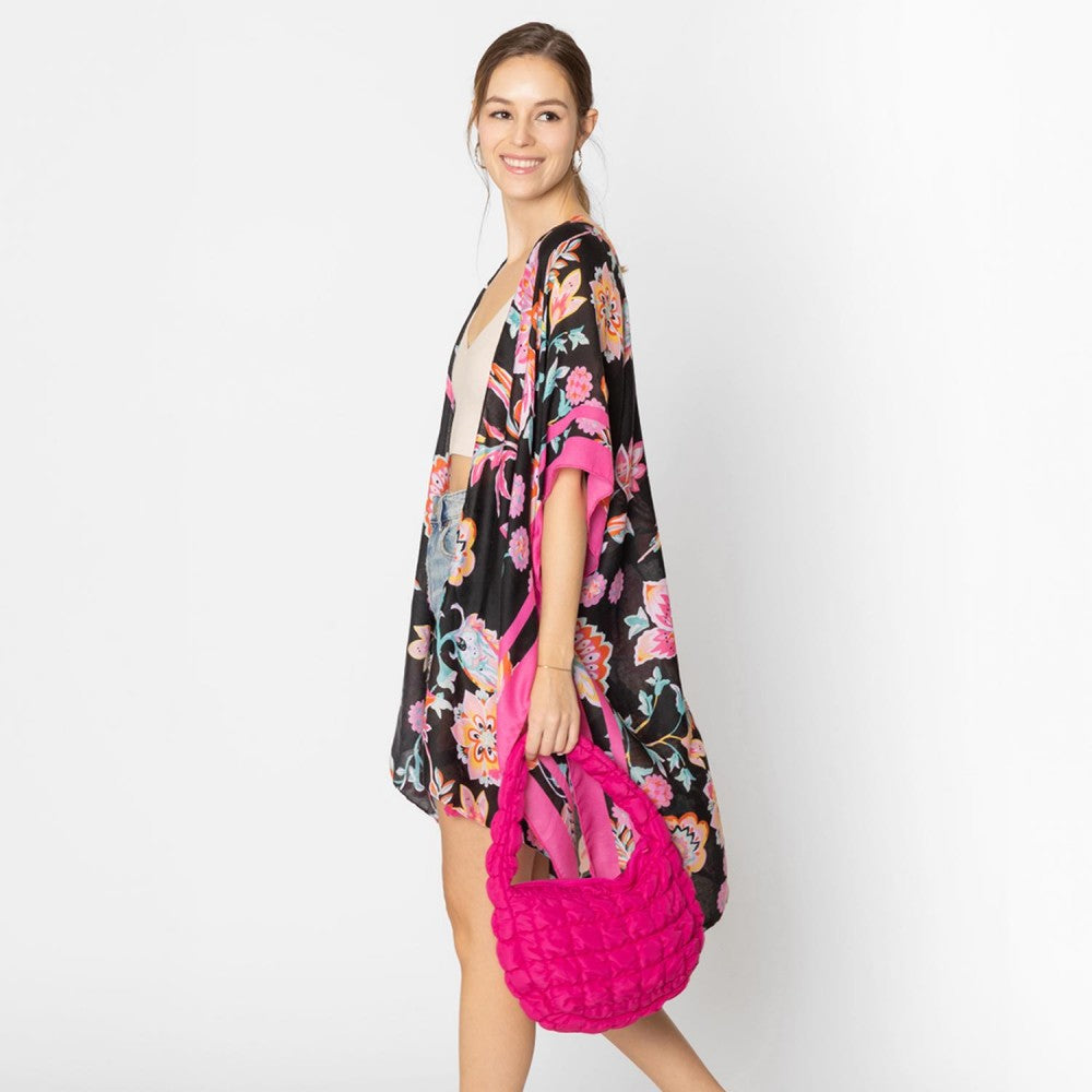 Paisley Flower Print Kimono With Tassel Details in Black and Fuchsia