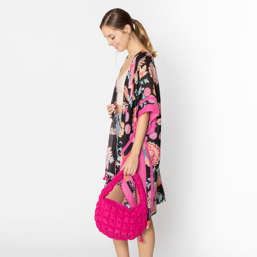 Paisley Flower Print Kimono With Tassel Details in Black and Fuchsia