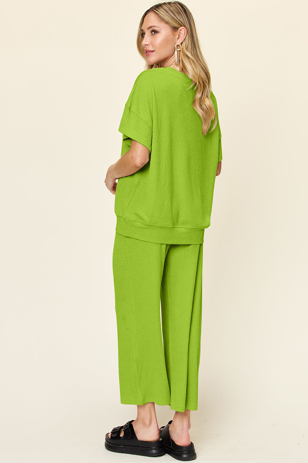 Ribbed Short Sleeve Shirt and Wide Leg Pants Set in in 6 Colors