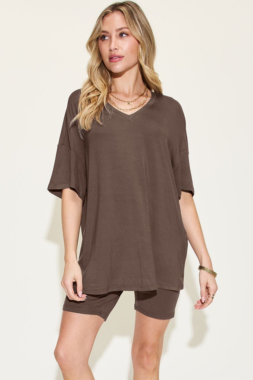 Basic Bae V-Neck Drop Shoulder T-Shirt and Shorts Set (7 Colors)