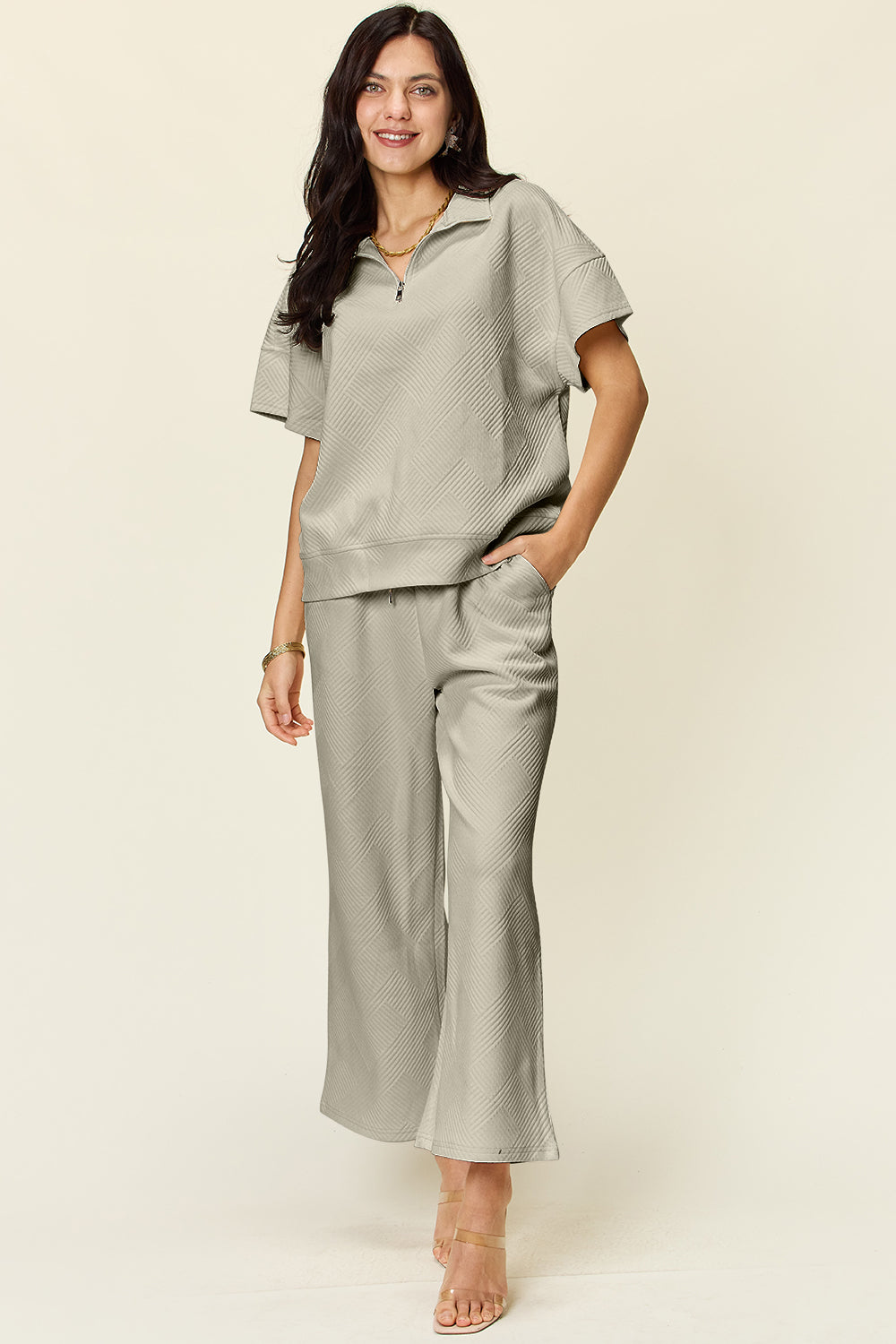 Textured Quarter Zip Short Sleeve Top and Cropped Pants Set in 6 Colors