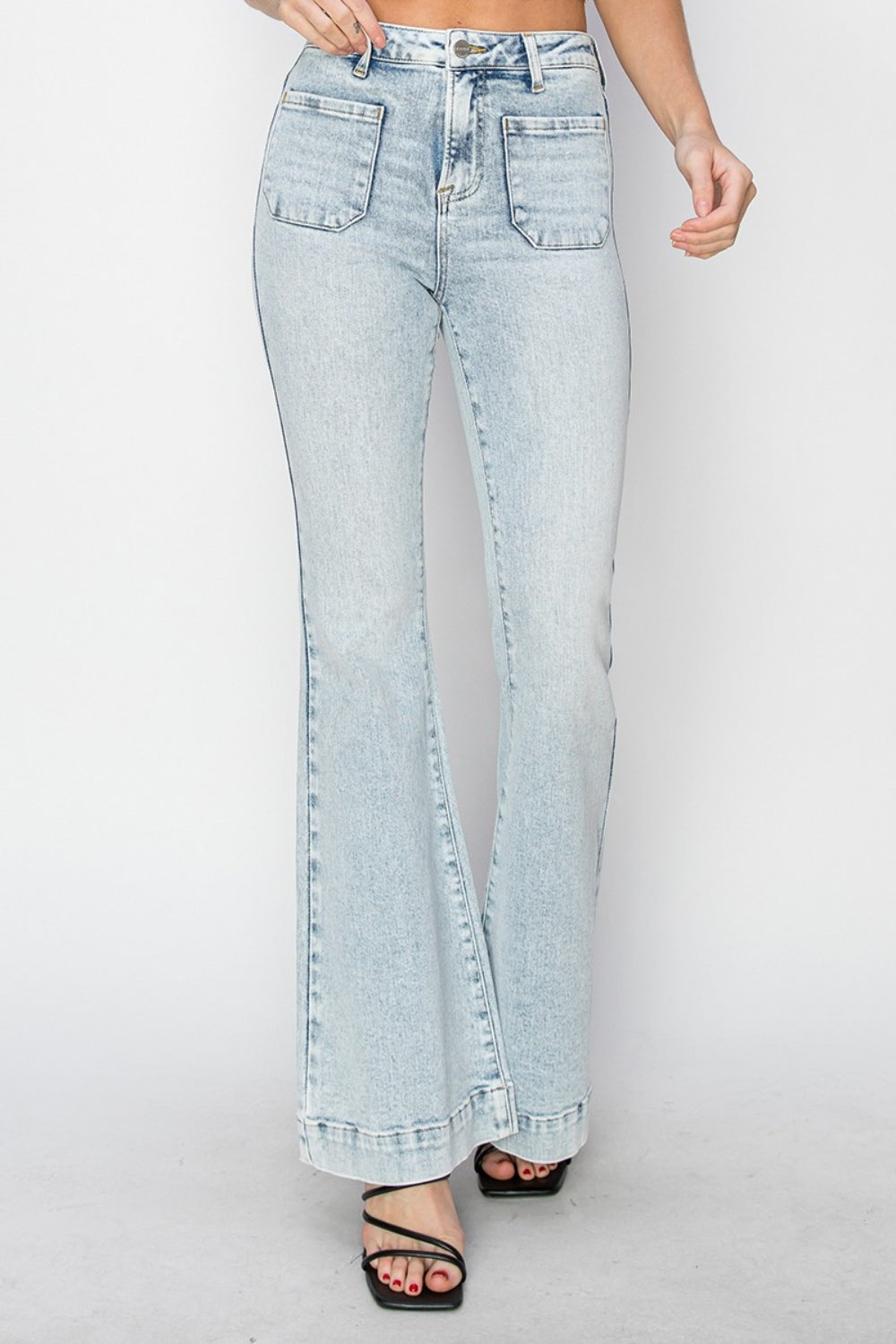 Ava Michelle High Rise Front Patch Pocket Flare Jeans (Tall/Long Friendly)