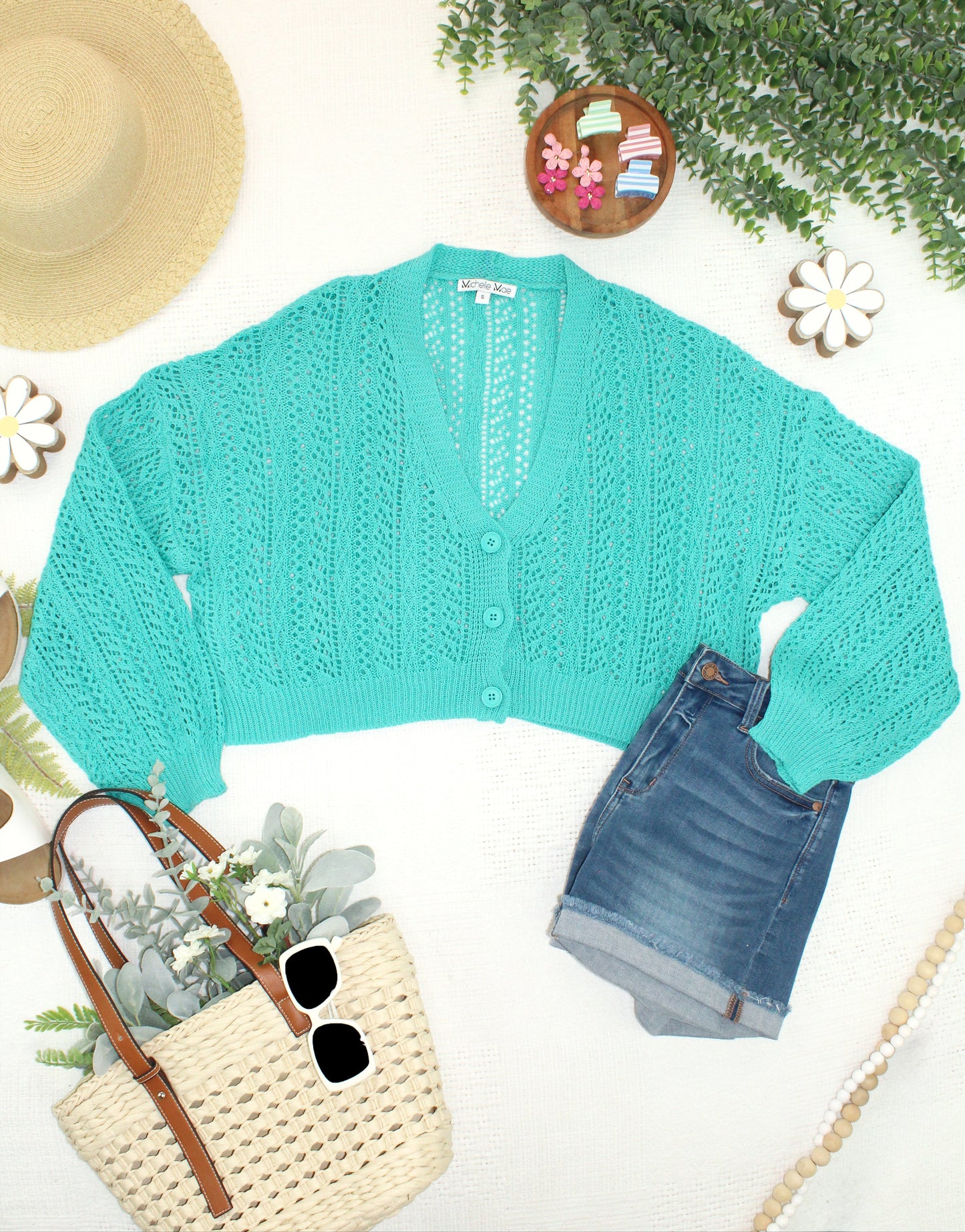 Michelle Mae Callie Cropped Cardigan - Aqua