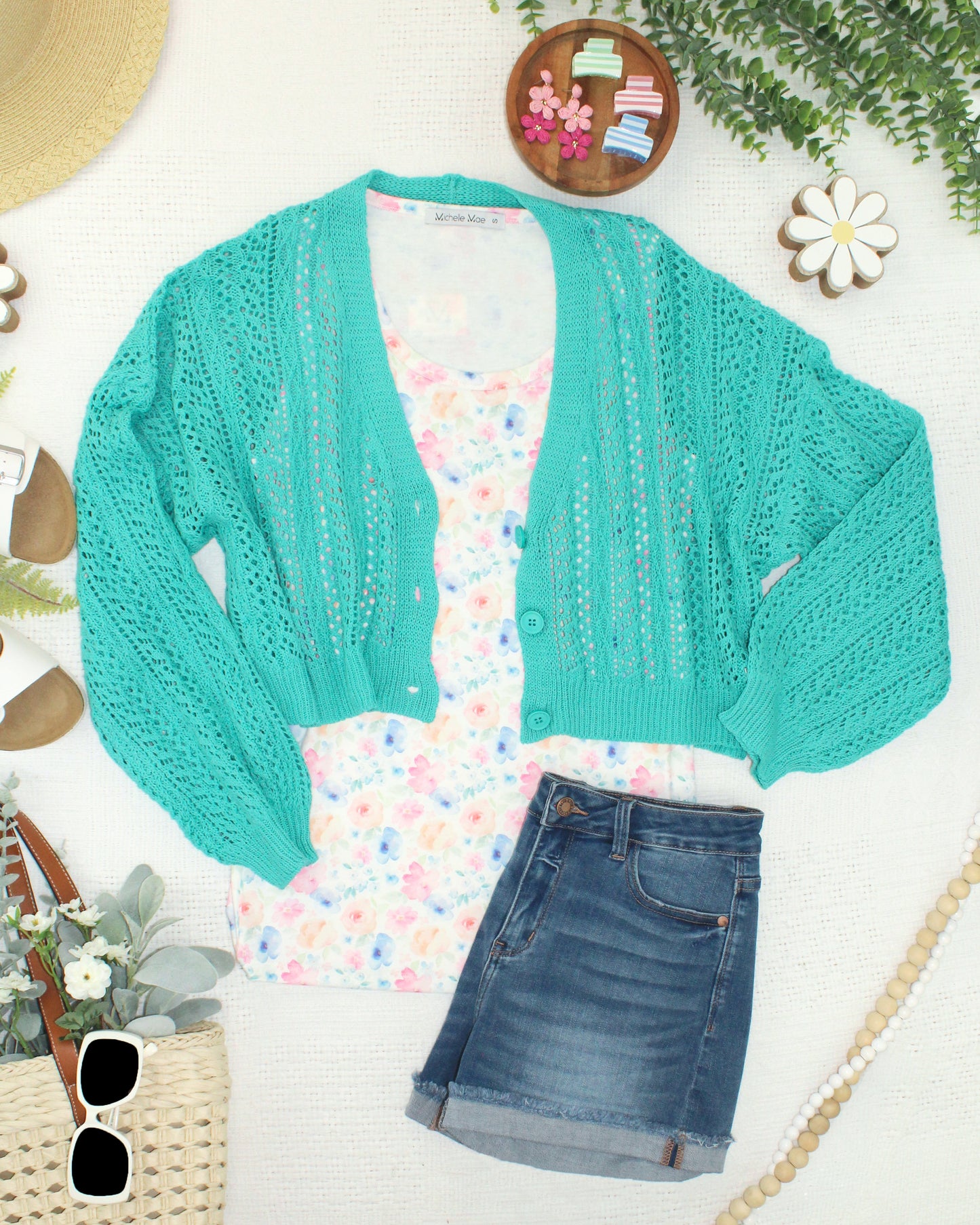 Michelle Mae Callie Cropped Cardigan - Aqua