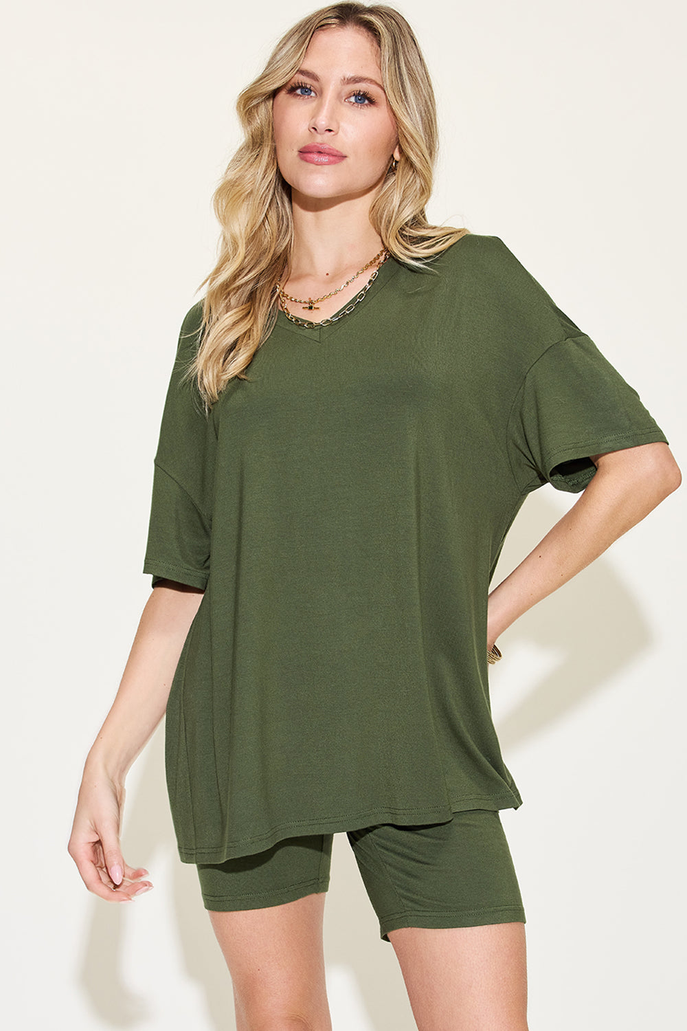 Basic Bae V-Neck Drop Shoulder T-Shirt and Shorts Set (7 Colors)