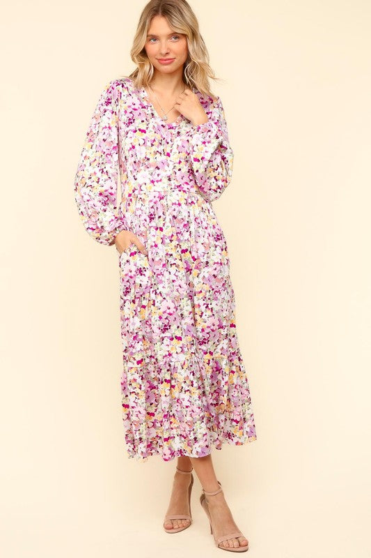 Haptics Lilac Floral V-Neck Long Sleeve Dress with Pockets