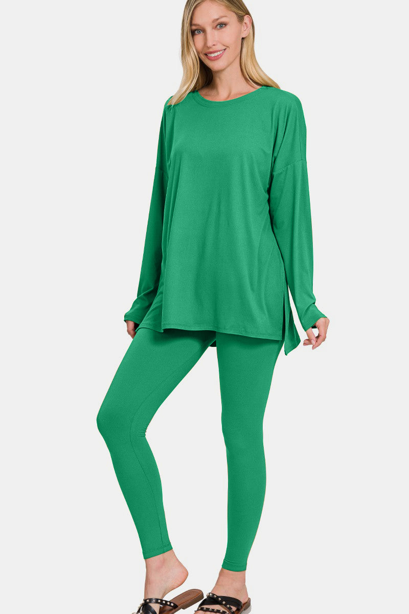 Zenana Ready to Relax. Brushed Microfiber Top and Leggings Lounge Set in Green