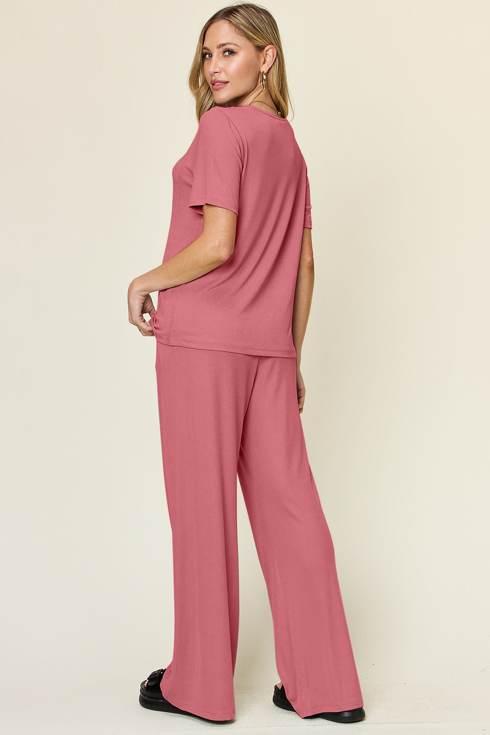 Slinky Short Sleeve Shirt and Wide Leg Pants Set in 4 Colors