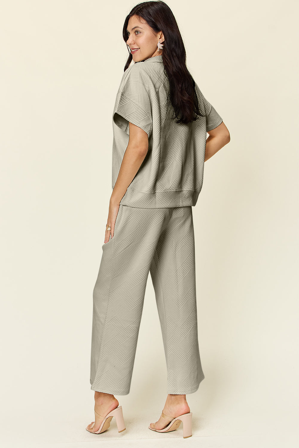 Textured Quarter Zip Short Sleeve Top and Cropped Pants Set in 6 Colors