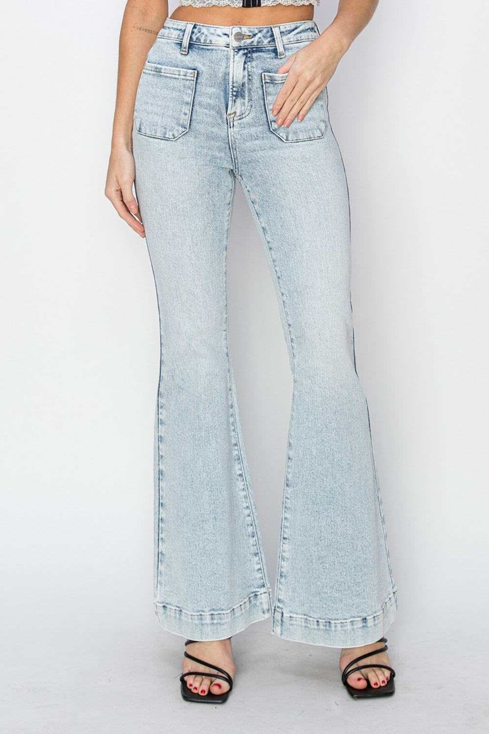 Ava Michelle High Rise Front Patch Pocket Flare Jeans (Tall/Long Friendly)