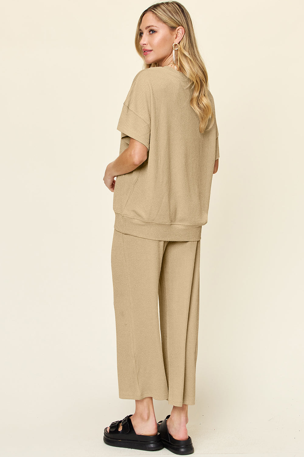 Ribbed Short Sleeve Shirt and Wide Leg Pants Set in in 6 Colors