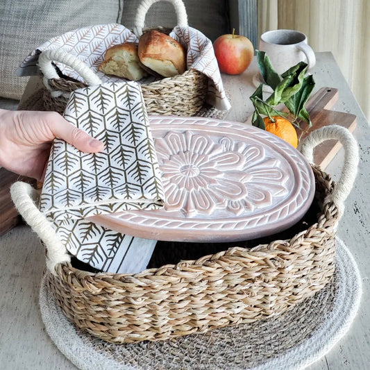 Handmade Bread Warmer & Wicker Basket - Flower Oval