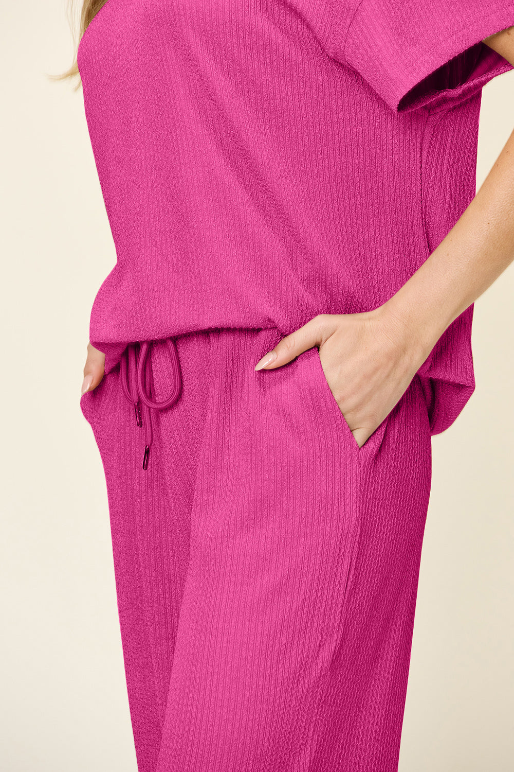 Ribbed Short Sleeve Shirt and Wide Leg Pants Set in in 6 Colors