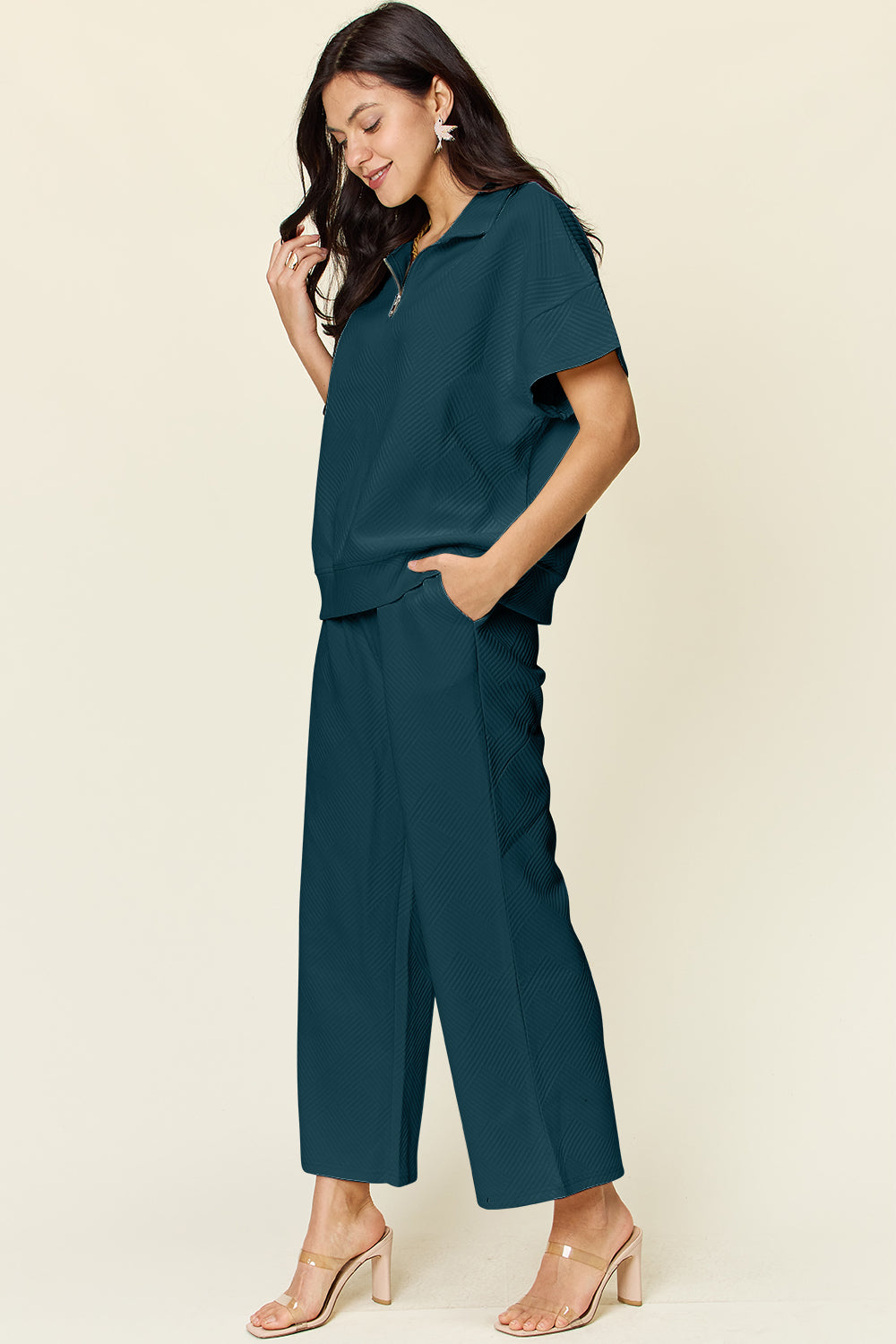 Textured Half Zip Short Sleeve Top and Wide Leg Crop Pants Set in 8 Colors