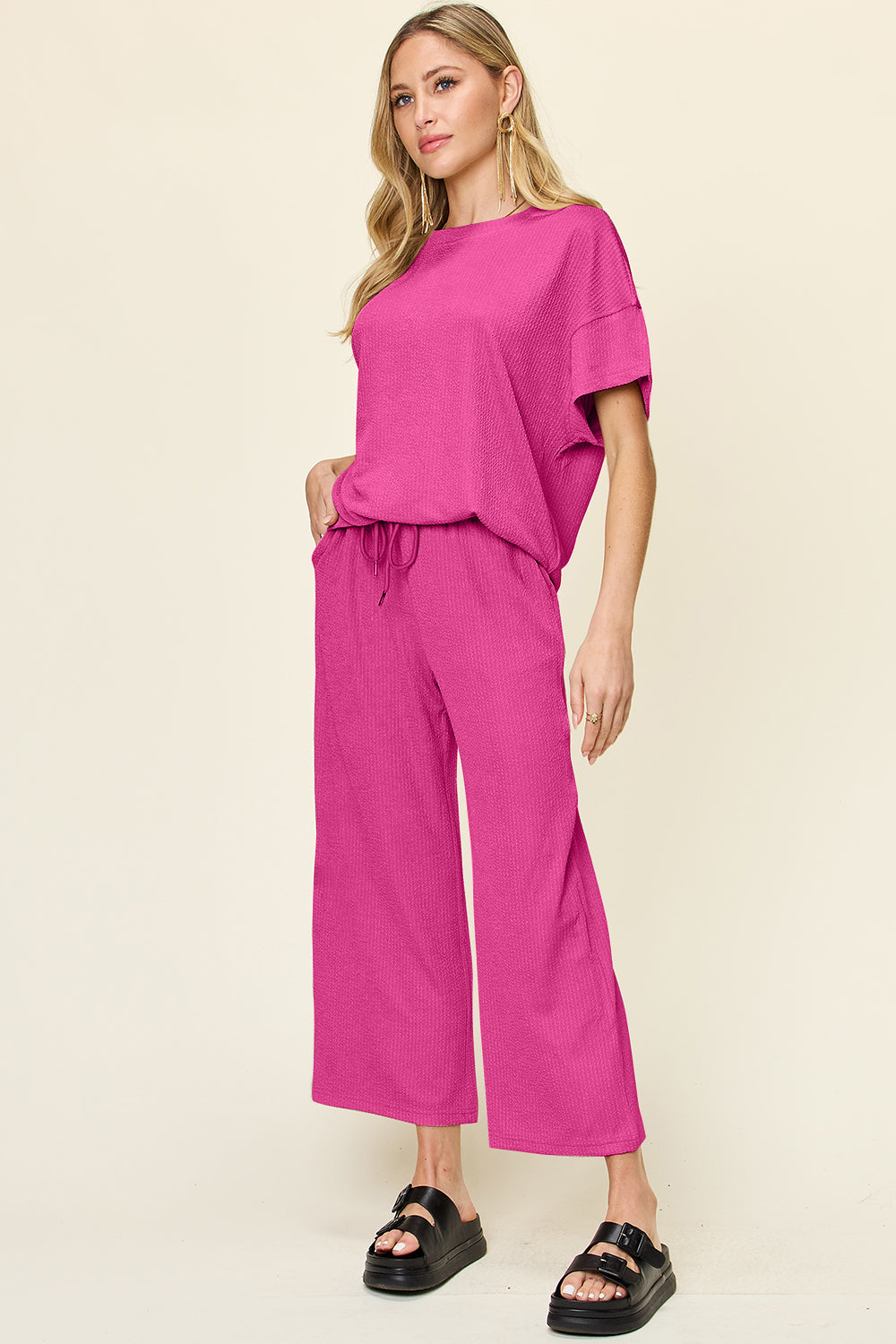 Ribbed Short Sleeve Shirt and Wide Leg Pants Set in in 6 Colors