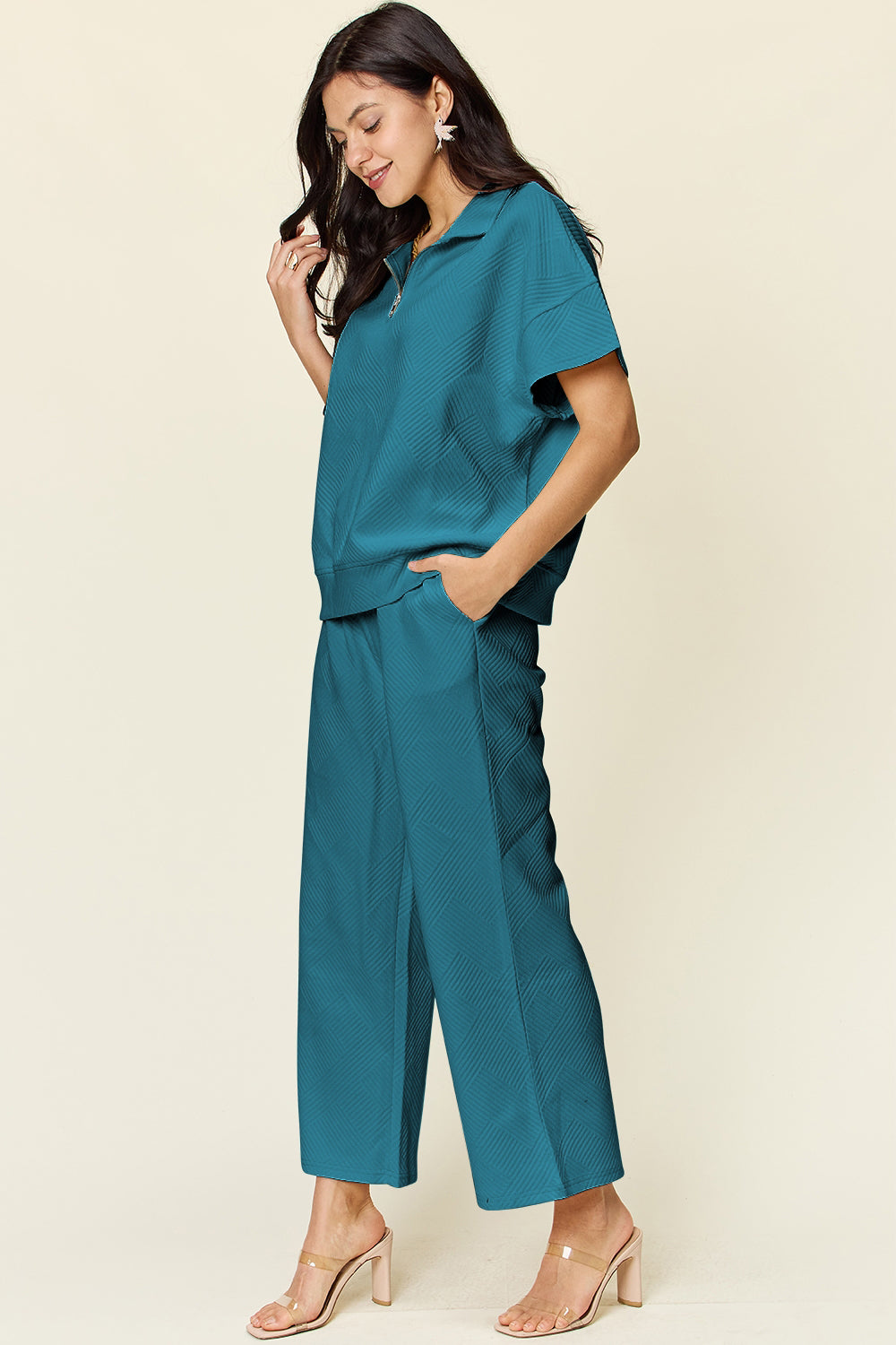 Textured Quarter Zip Short Sleeve Top and Cropped Pants Set in 6 Colors