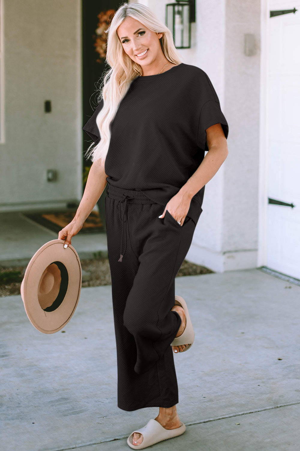 Textured Short Sleeve Top and Pants Set in 4 Colors