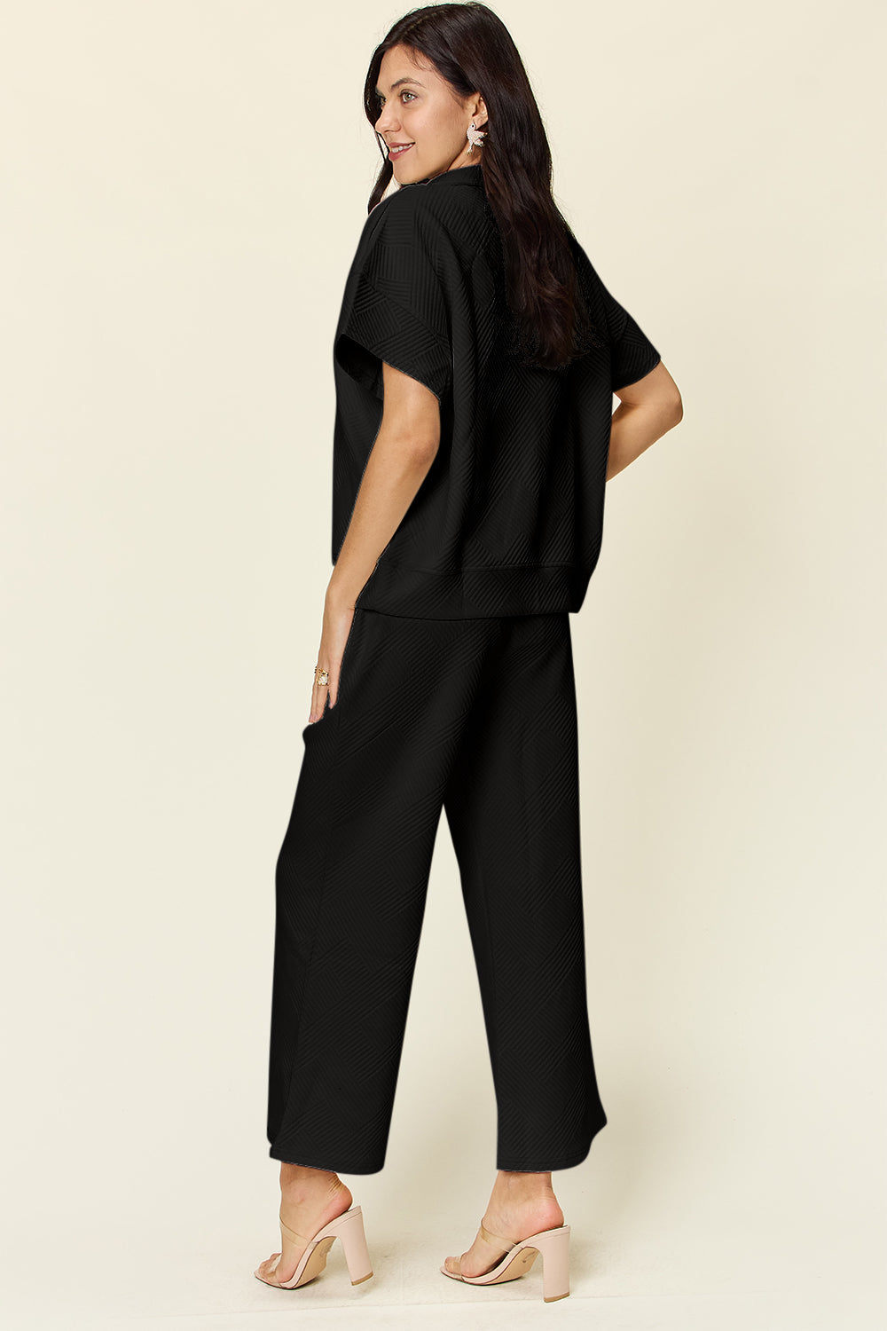 Textured Quarter Zip Short Sleeve Top and Cropped Pants Set in 6 Colors