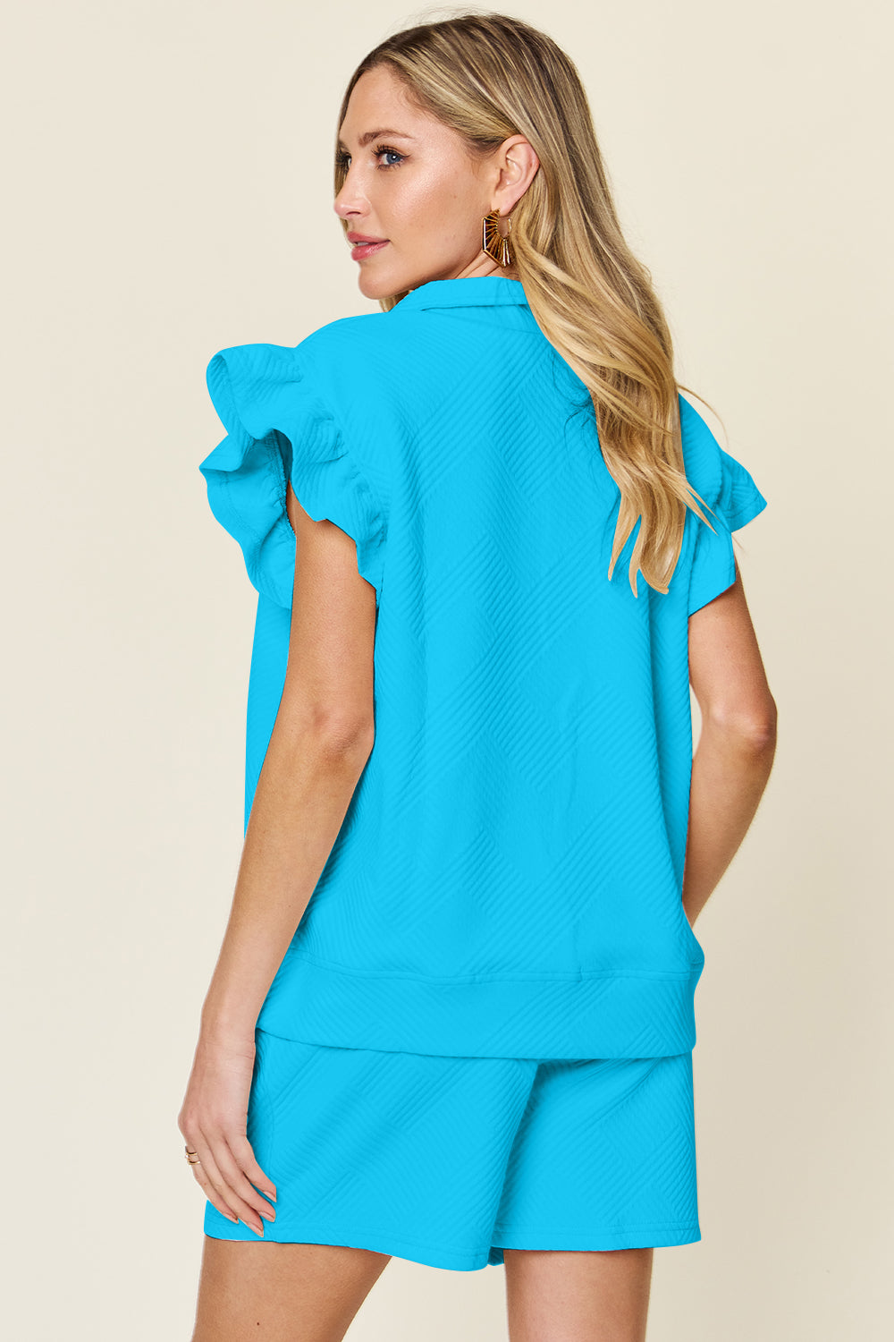 Textured Flounce Ruffle Sleeve Top and Shorts Set in 13 Colors