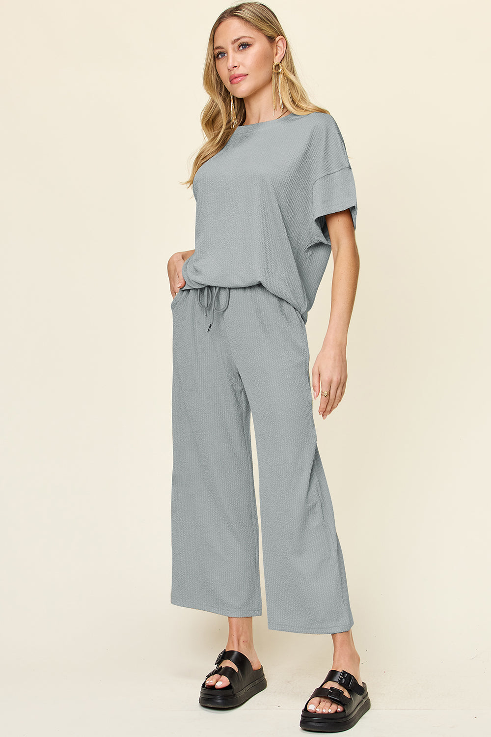 Ribbed Short Sleeve Shirt and Wide Leg Pants Set in in 6 Colors