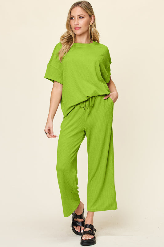 Ribbed Short Sleeve Shirt and Wide Leg Pants Set in in 6 Colors