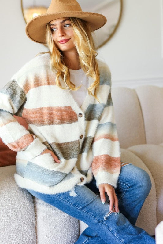 Ombre Feelings Ivory Striped Button Down Fuzzy Knit Cardigan