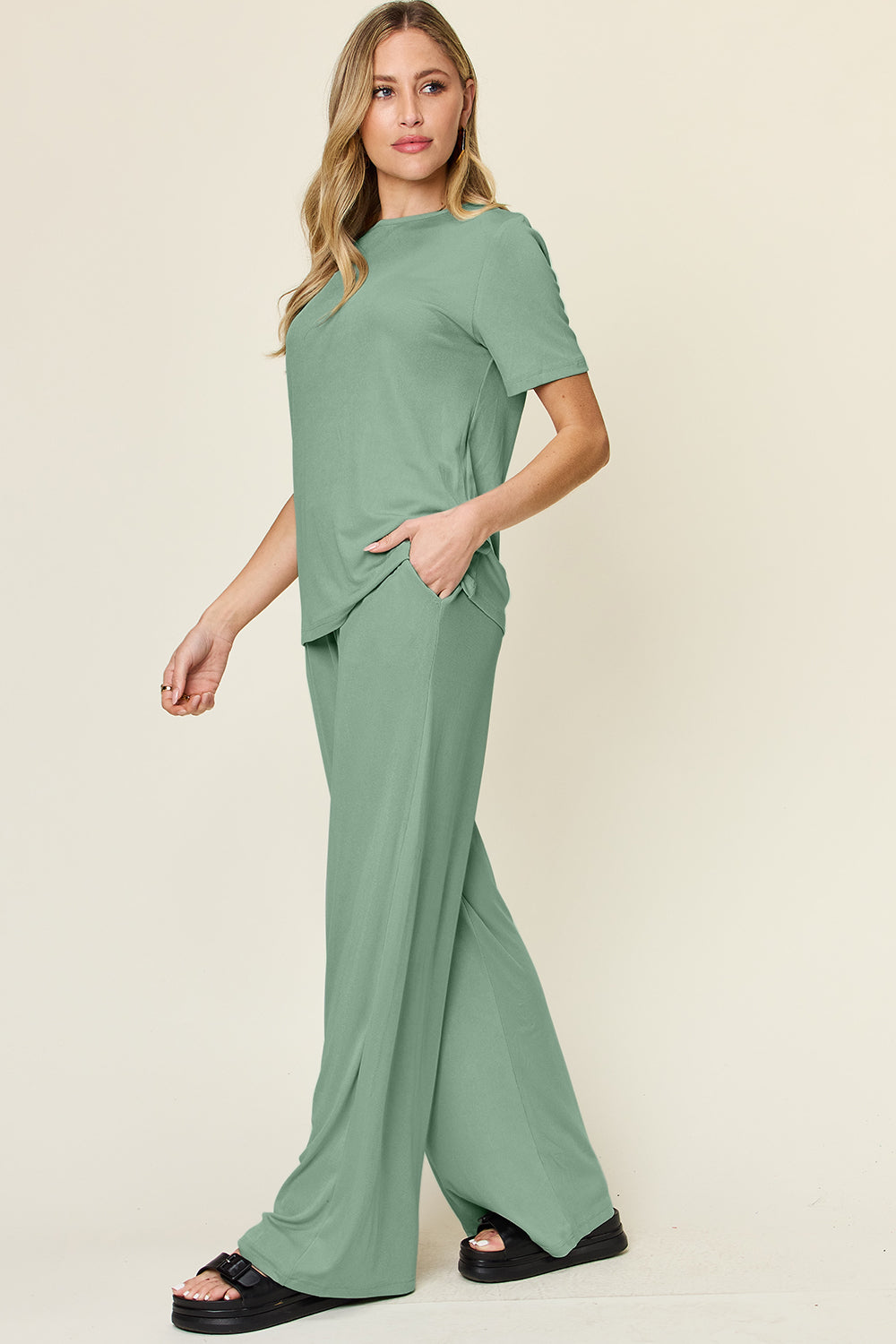 Slinky Short Sleeve Shirt and Wide Leg Pants Set in 4 Colors