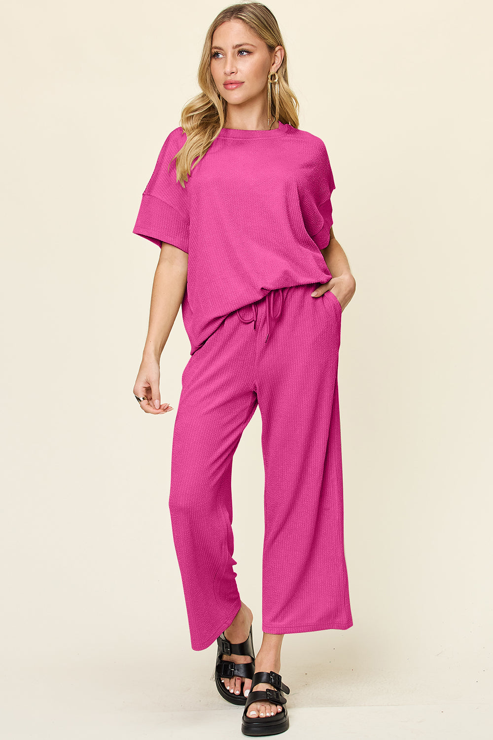 Ribbed Short Sleeve Shirt and Wide Leg Pants Set in in 6 Colors