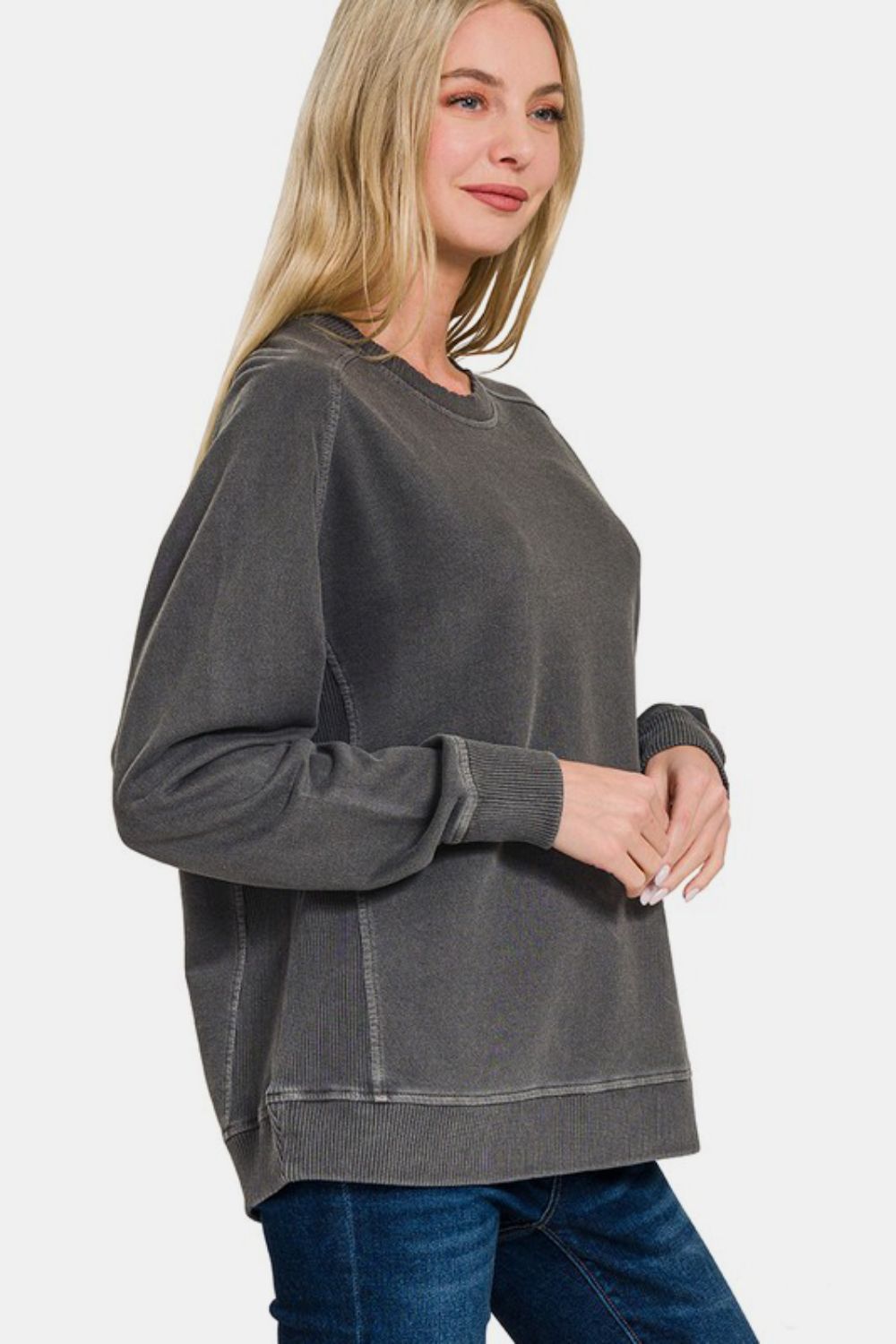 Zenana Full Size Pigment Dyed French Terry Sweatshirt in Ash Black